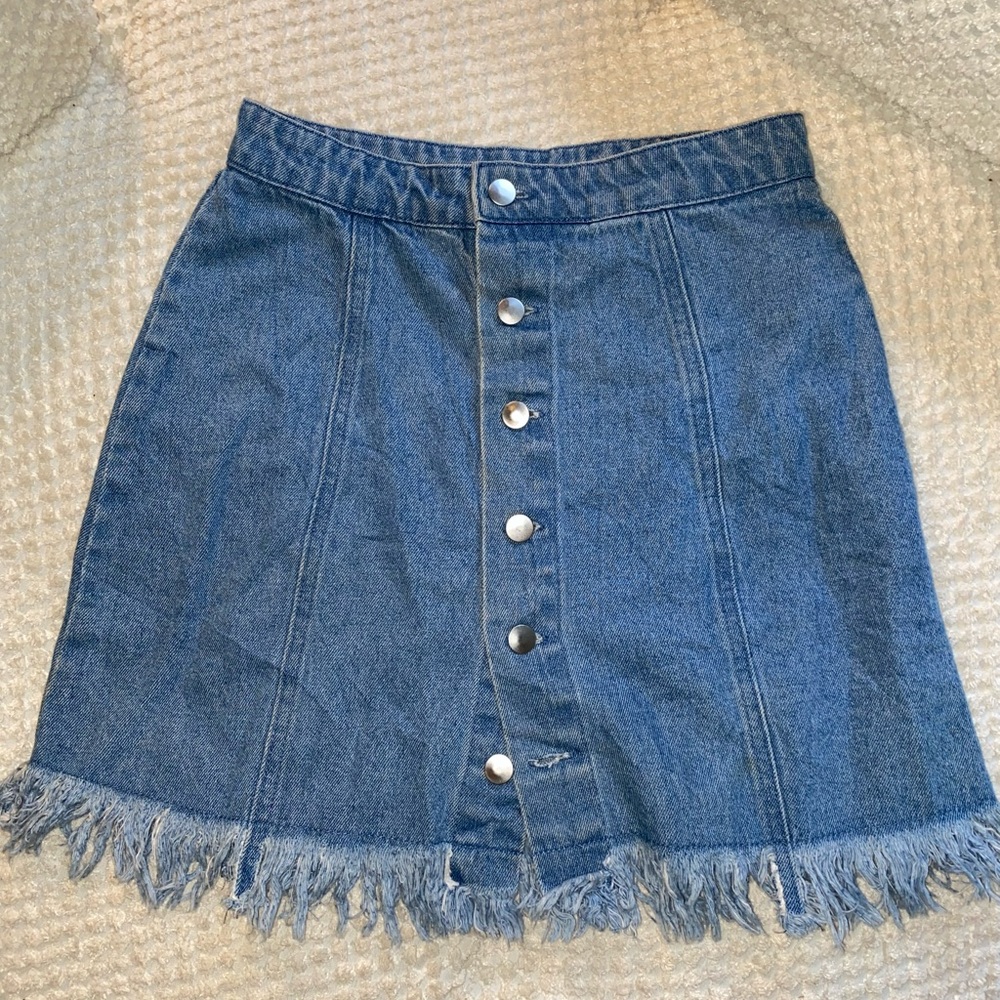 Forever 21 Blue Button-Front Denim Mini Skirt with Fringe Hem